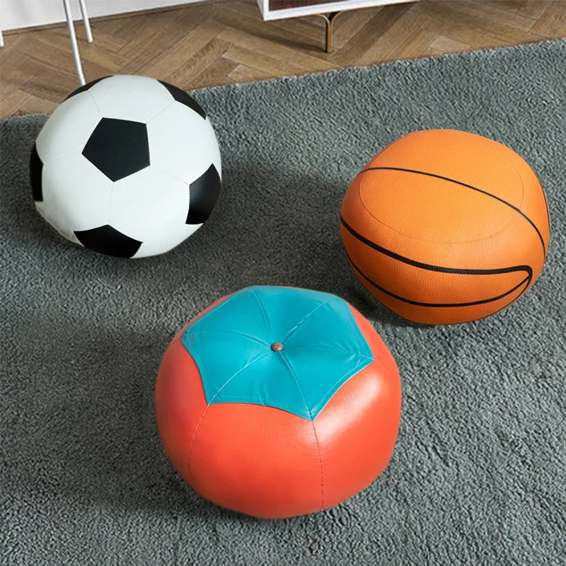 Round Stool Simple Basketball Shape Small PU Leather Sofa Ottomans Solid Wood Living Room Household Low Shoe Changing Stools