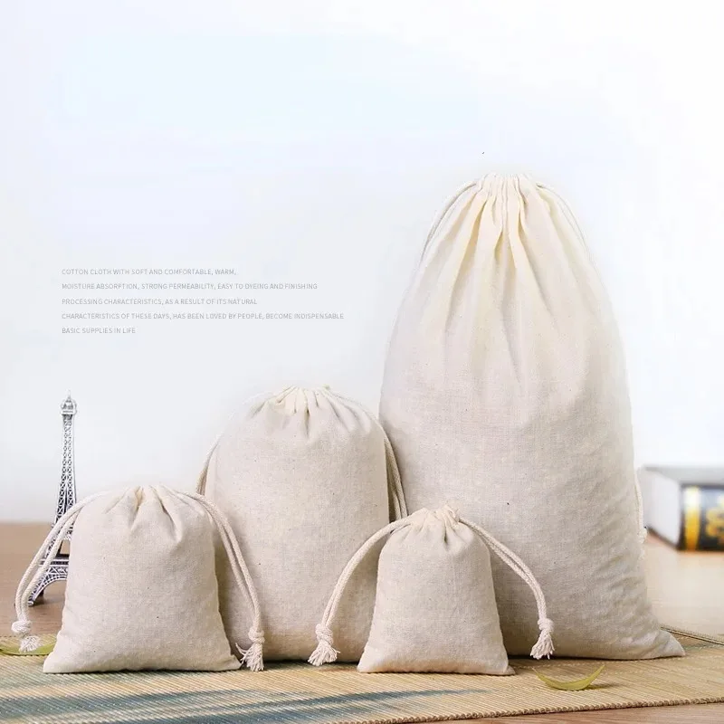 Natural Cotton Drawstring Storage Bags Christms Wedding Gift DIY Plain Pouch Reusable Home Organize Dustbag