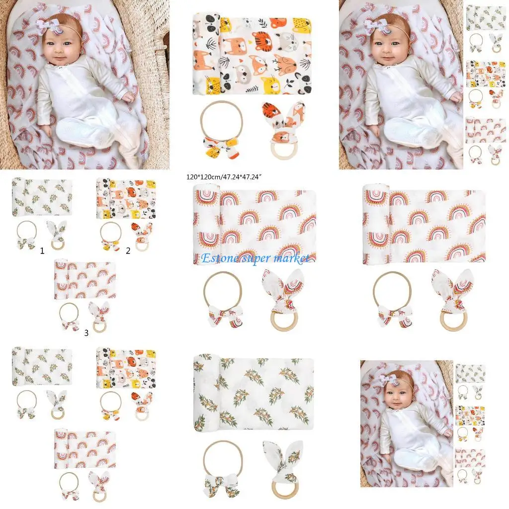 

090B 3 Pcs Newborn Swaddle Wrap+Headband+Teether Set Baby Receiving Blanket Hair Band