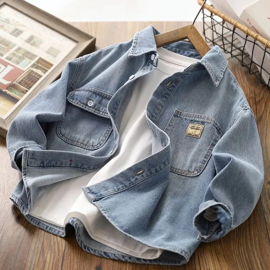 Fashion Boys Blue Denim Shirts Long Sleeved Turn Down Collar Loose Casual Shirt Spring Autumn Children Jean Tops