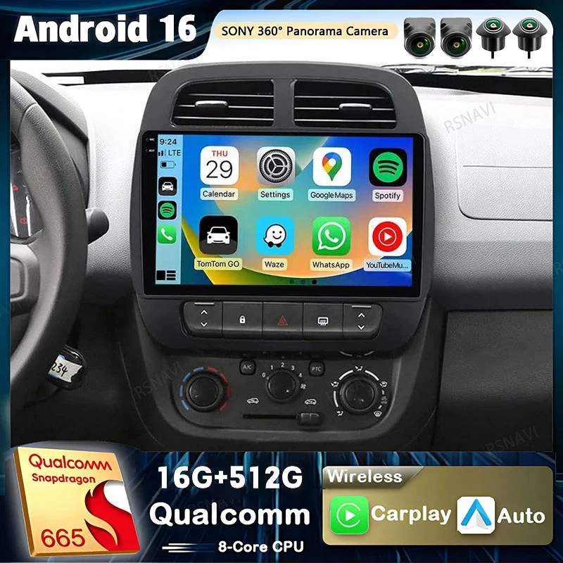 Radio para Auto con Android 16 y Carplay para Renault KWID K-ZE Dacia Spring 2015-2019, Reproductor Multimedia de Video, Navegación GPS, Estéreo, DVD, Bluetooth