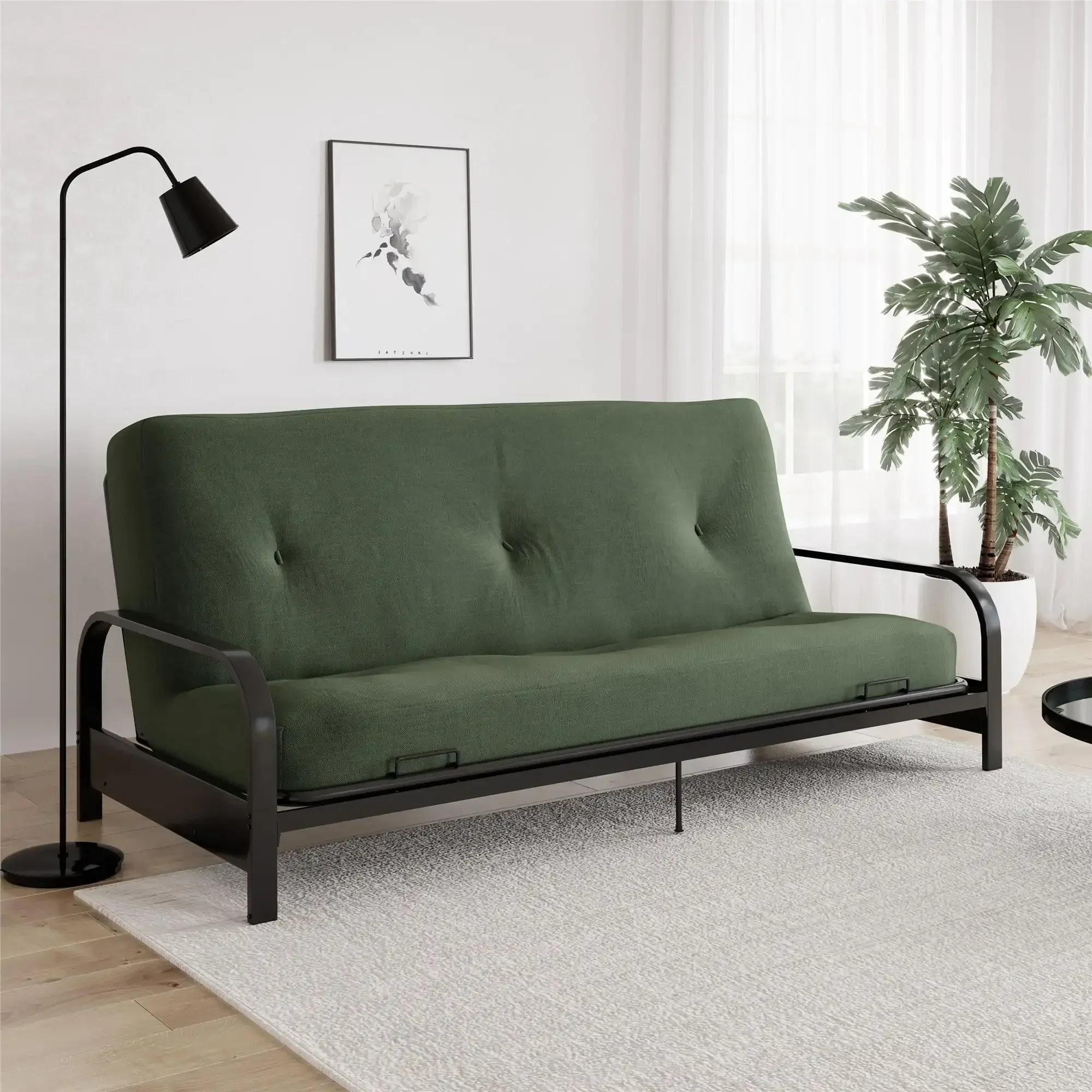 

%a 6 Inch Futon Mattress with Tufted Cover and Recycled Polyester Fill, Full, Army Green
