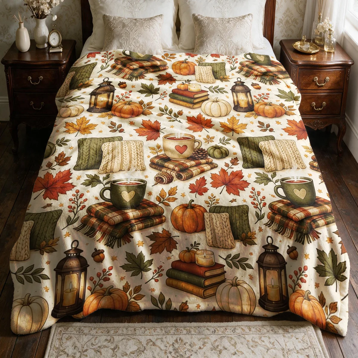Autumn Fall Pumpkin Harvest Throw Blanket Cozy Plaid Decor Polyester Halloween Leaves Seasonal Home Ornament