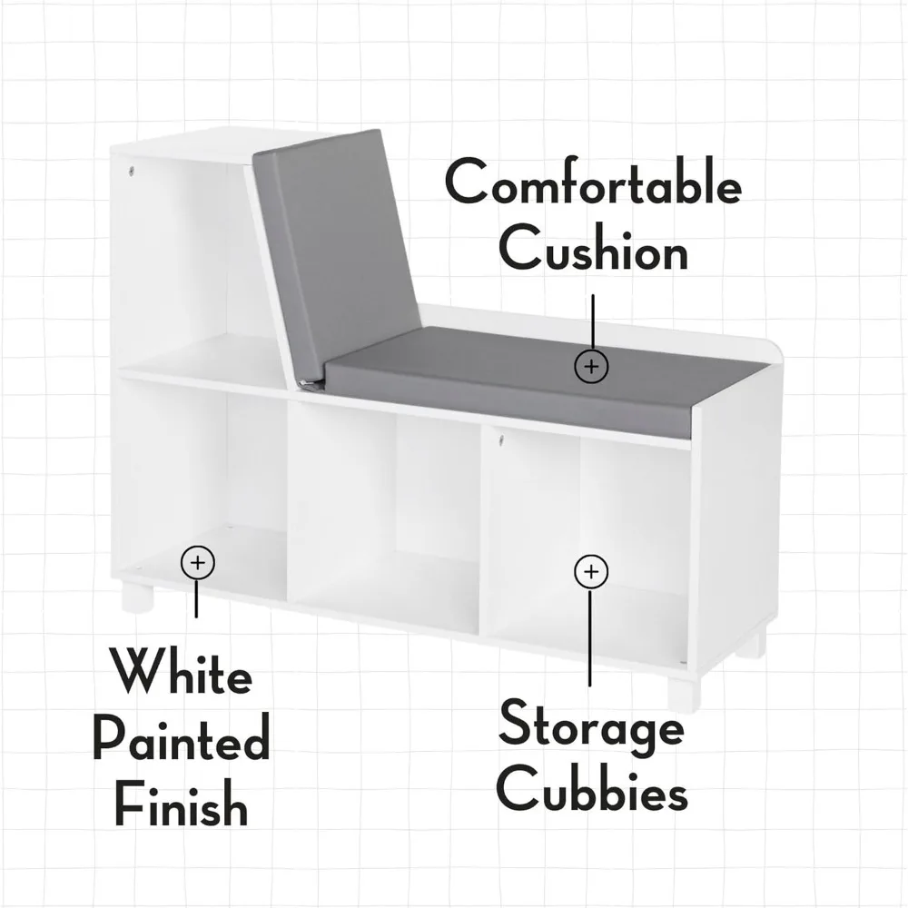 Kids Reading Nook with Toy Storage Bench, Comfy Cushioned Seat and Organizer for Playroom
