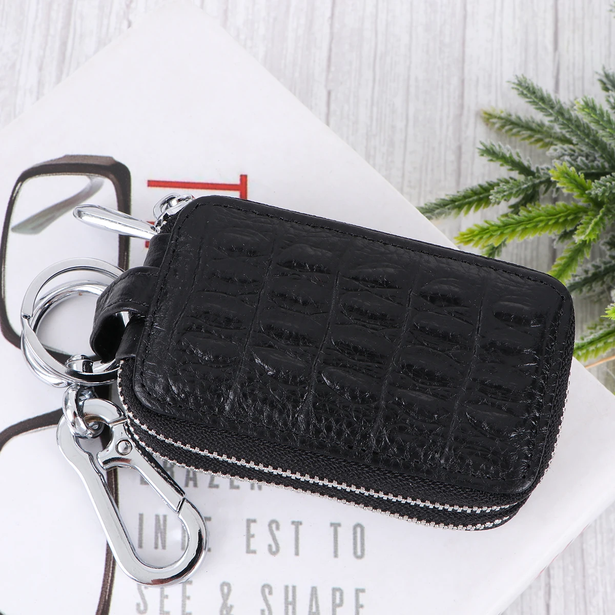 

Cowhide Car Key Pouch Grain Zipper Keys Storage Bag Double Zipper Pockets Hanging Waist Pendant Key Case Holder for Men