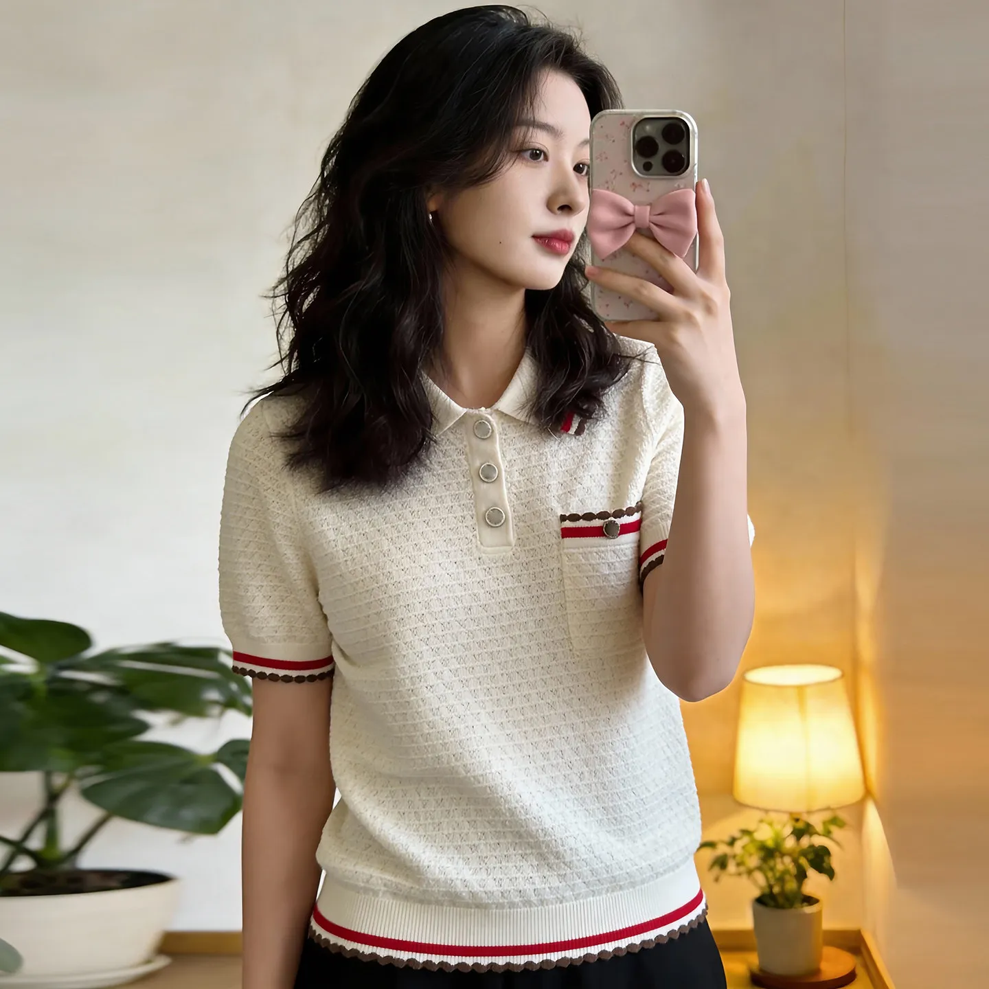 

2026 Spring Preppy Style Polo Collar Striped Knit Sweater