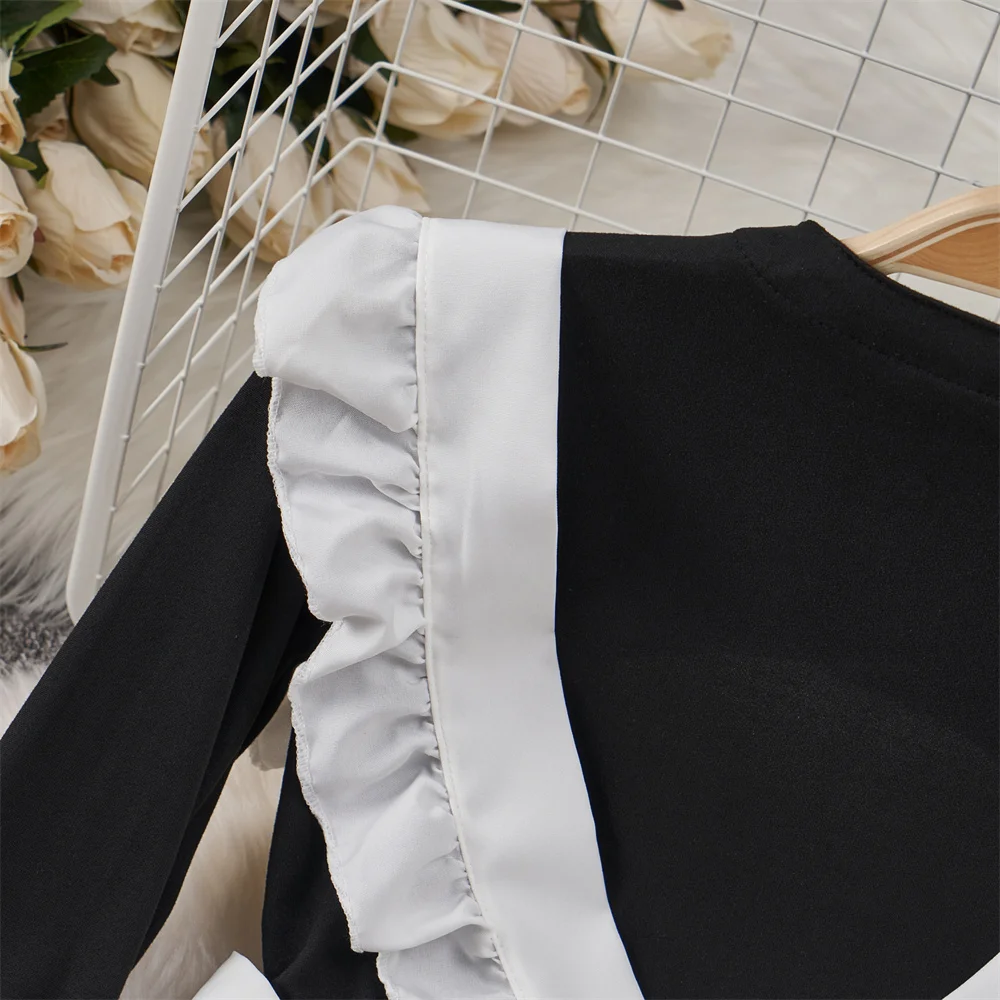 Long Sleeved Slim Hollow Jumpsuit With Strap Apron Metal Buckle Bow Ruffle Sweet Sexy Women\'s Pajama Set Maid Cosplay Lingerie