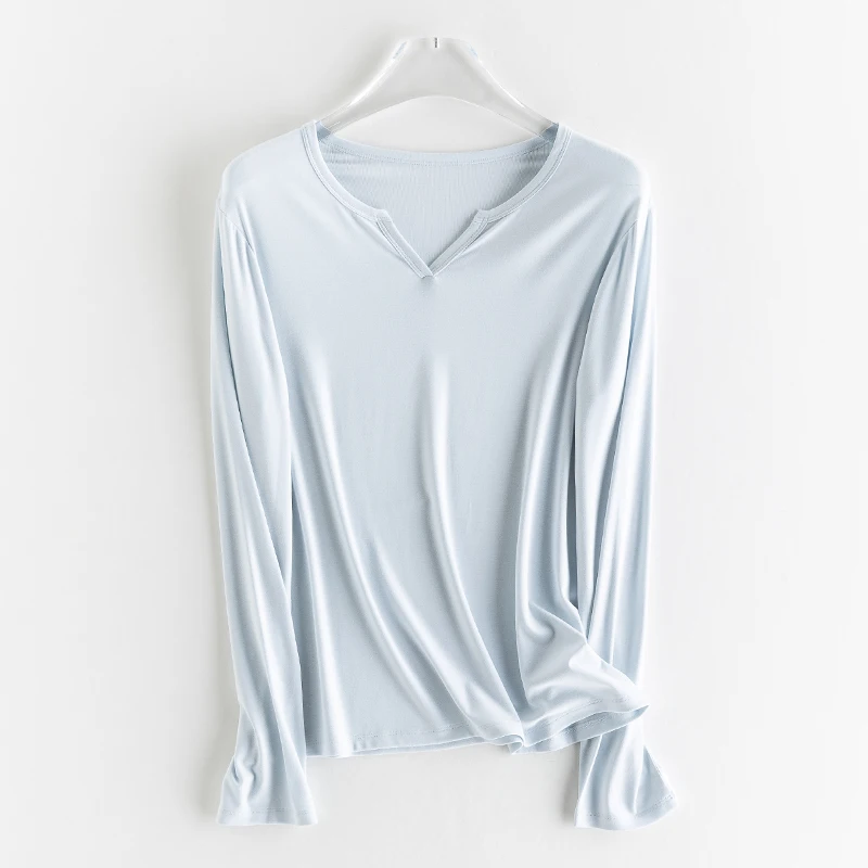 SuyaDream Women Solid T Shirt, Silk Viscose Blend, V Neck, Long Sleeves Chic Shirt 2025 Spring Summer Cozy Top, White, Grey