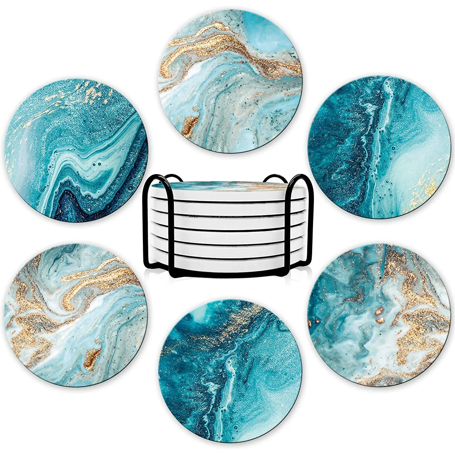 6Pcs Beverage Coaster Set with Bracket, Marble Style, Ceramic Beverage Coaster for Desktop Protection