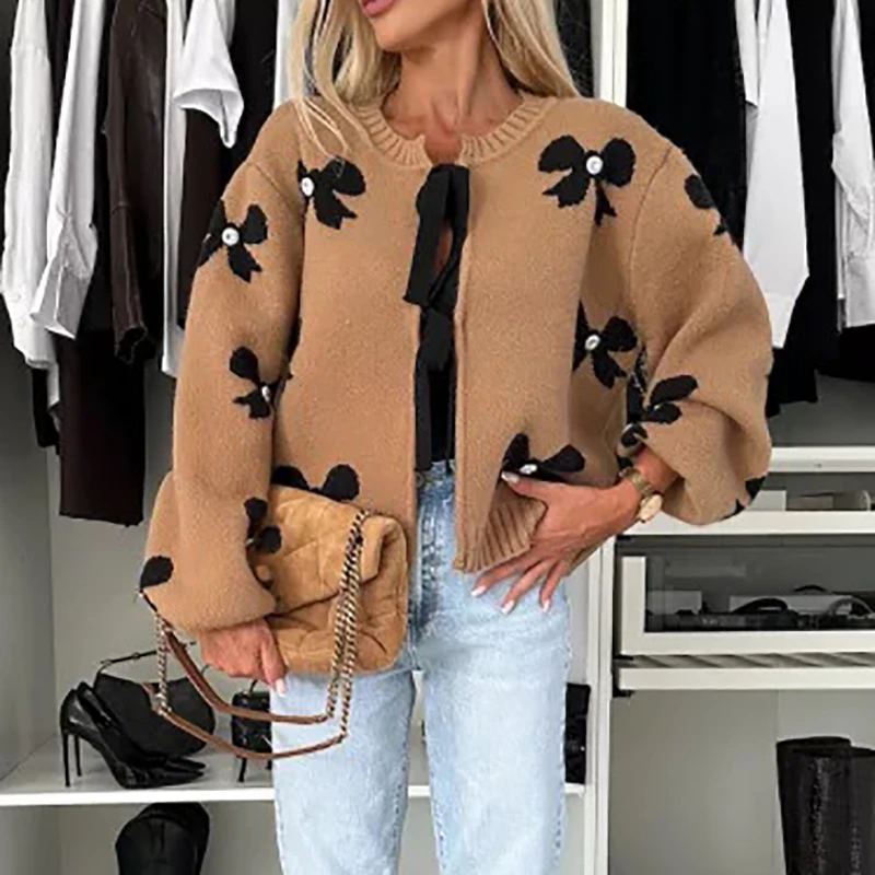 Elegant Long Sleeve Commuter Sweater 2024 New Winter Butterfly Knot Printed Sweater Women's Casual O Neck Lace Up Loose Cardigan