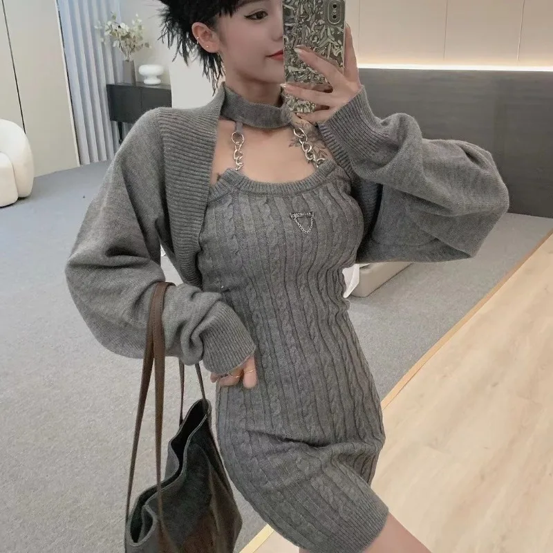 2 Piece Sets Women Knitted Cropped Cardigan Mini Halter Dress Autumn Winter Sexy Girls Soft Cozy Gentle Hotsweet Aesthetic Daily