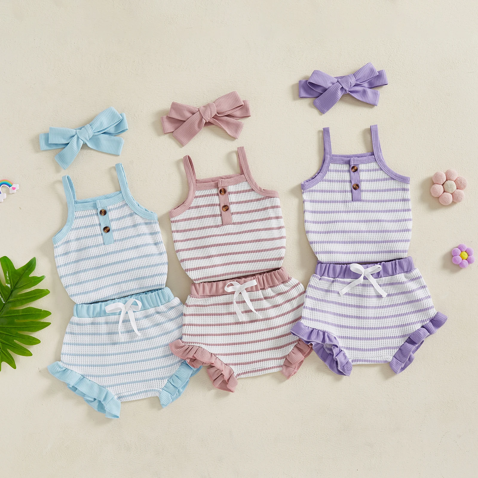 Citgeett Summer Infant Baby Girl Shorts Set Striped Half Button Spaghetti Strap Romper Ruffle Shorts Tie-up Headband Outfit