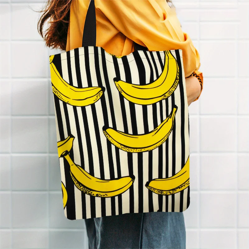 1pc 2D Printed Tote Bag, Banana Pattern Tote with Black and White Striped Background and Yellow Banana Tote Bag
