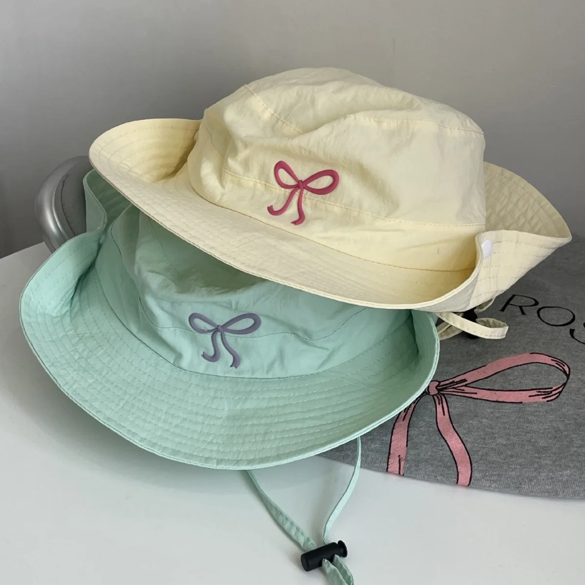 Sun Hats for Summer Bowknot Outdoor Fishing Cap Wide Brim Anti-UV Protection Women Bucket Hat Adjustable Rope Fisherman Caps