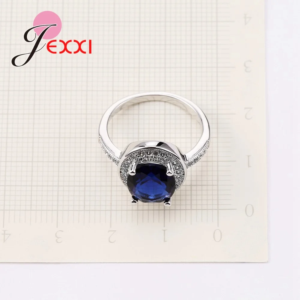 Simple OL Style 925 Sterling Silver Girls Rings One Round Blue Stone Setting For Women Anniversary Gift Love Ring Jewelry