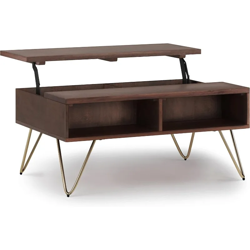 Metal 36 Inch Wide Rectangle Industrial Contemporary Small Lift Top Coffee Table in Umber Brown and Gold, for The Living Room