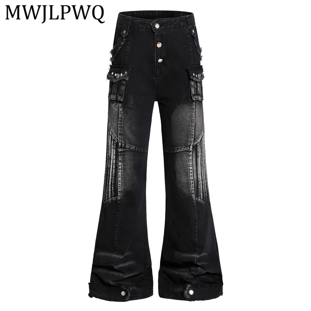 

MWJLPWQ Men's Distressed Washed Denim Bell-Bottom Pants Whiskers Frayed Edges Hippie-Style Button Multiple Flared Jeans 16192
