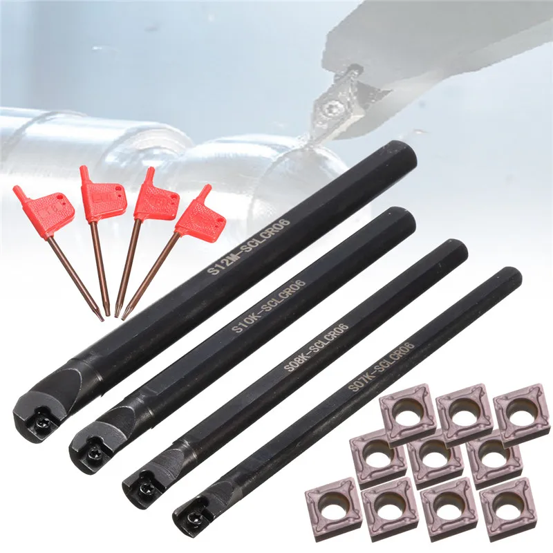 4 Set 7/8/10/12mm SCLCR06 Lathe Boring Bar Tool Holder With 10pcs CCMT 060204 Inserts Machine Tool Turning Tool Wrench Set