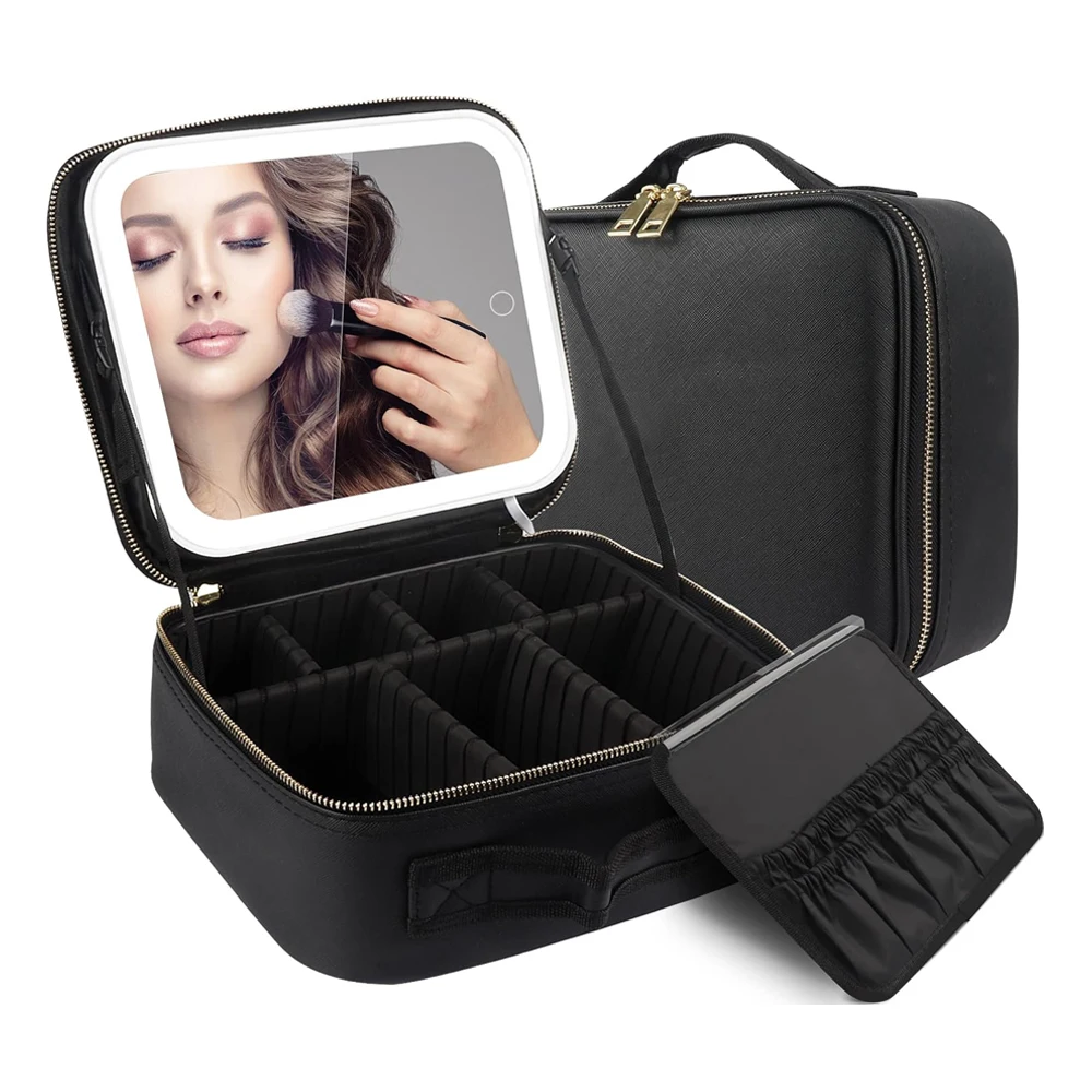 Makeup Organizer with Mirror Light 3 Adjustable Brightness Travel Train Case Cosmetic Bag Portable Storage Partition Waterproof