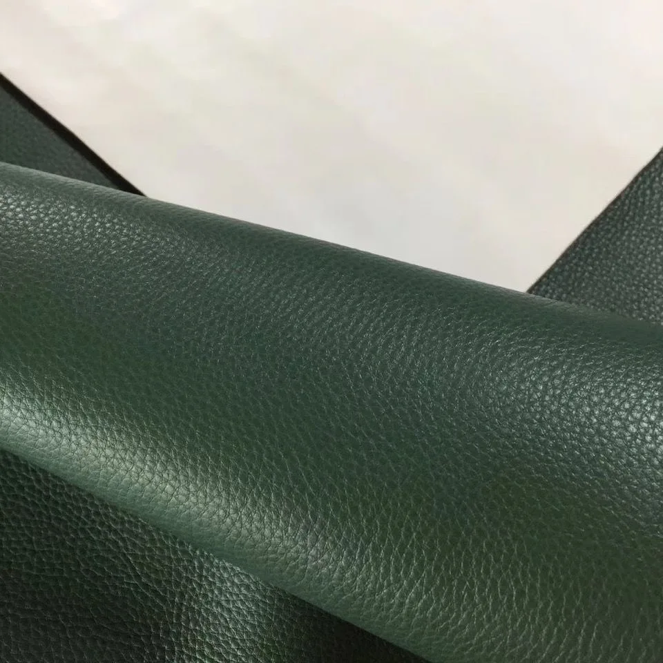 Dark green 1.5mm lychee pattern deep green soft cowhide leather material, first layer handmade DIY leather bag leather fabric