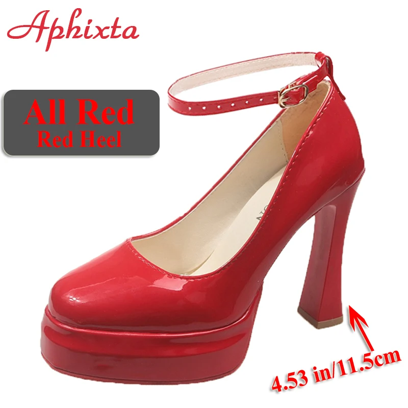 

Aphixta Platform Pumps Women 11.5cm Hoof Heels Strap Belt Buckle Gold Metal Pimps Shoes Super High Big Size 48 49 50