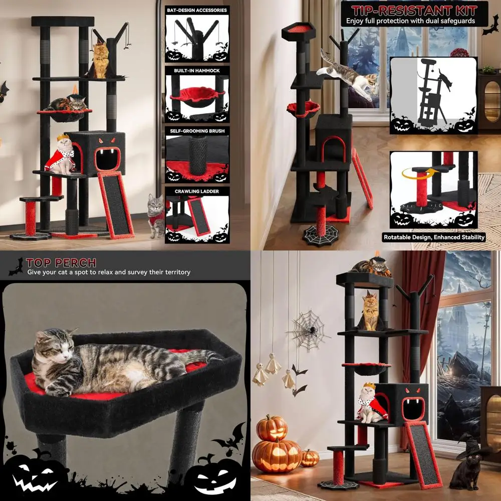

60 High Gothic-Style Cat Tower with Coffin Bed, Perch, Condos, Hanging Balls, Basket, Scratching Post, and Ladder for Indoor Cat