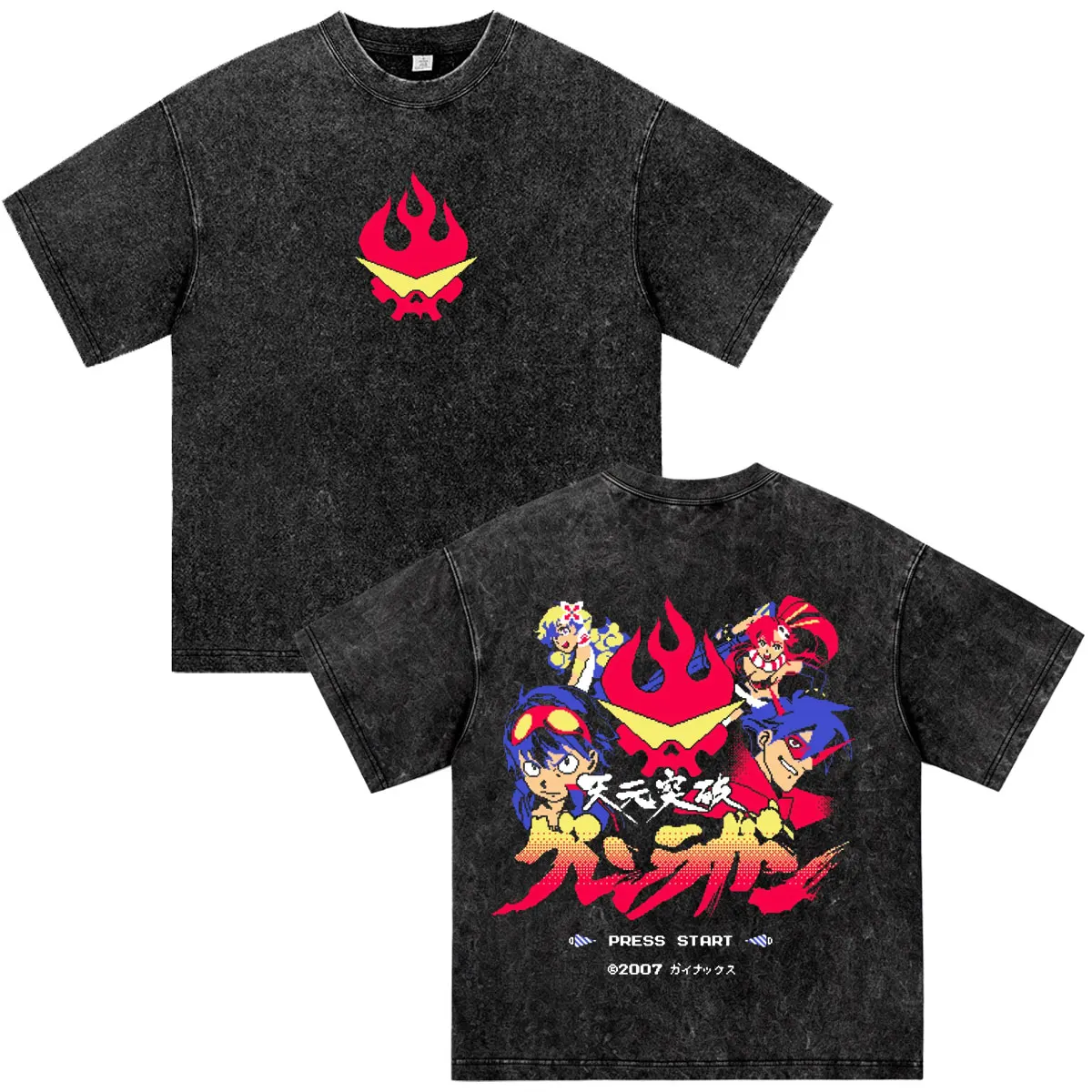 Anime Tengen Toppa Gurren Lagann Vintage Washed T Shirts Men Women Clothing Harajuku Casual Tops Short Sleeve Oversized T-shirts