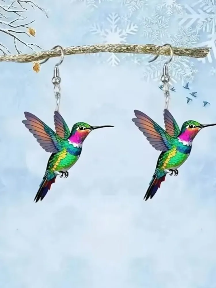 Boucles d'oreilles colibris colorées, Style rétro, pendantes en forme d'oiseau 2D, en acrylique, pour femmes et filles, nouvelle collection