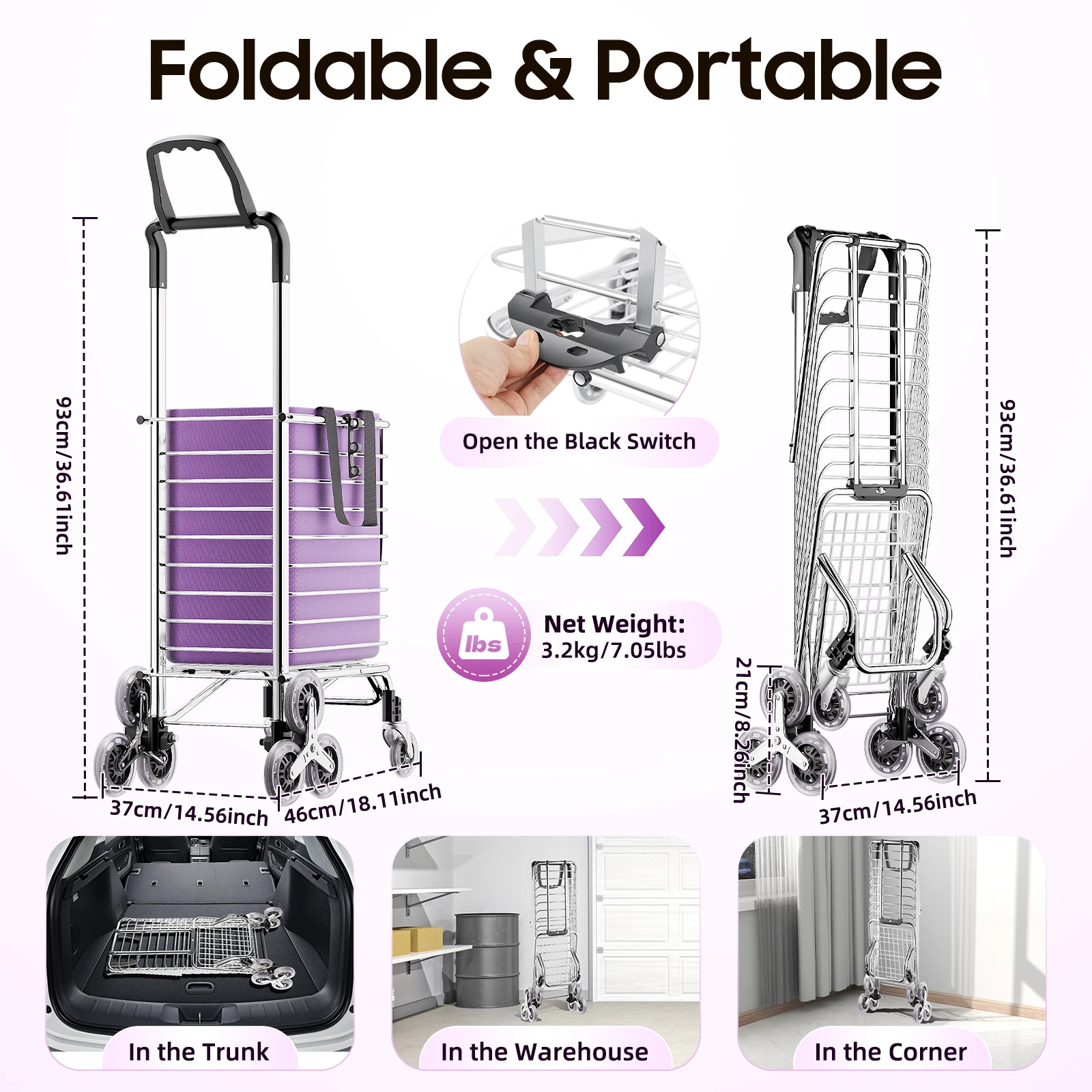 

Shopping Cart with Swivel Wheels Utility Cart Easily Collapsible Cart Trolley for Laundry,Groceries,Travel