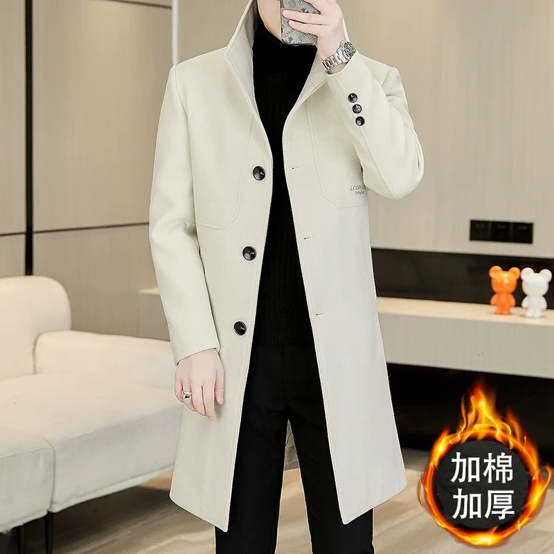 

Beige Elegant Off White Trench Coats Mens Winter Overcoats Gentleman Winter Long Jackets For Cold Warm Coats Slim Fit Vintage