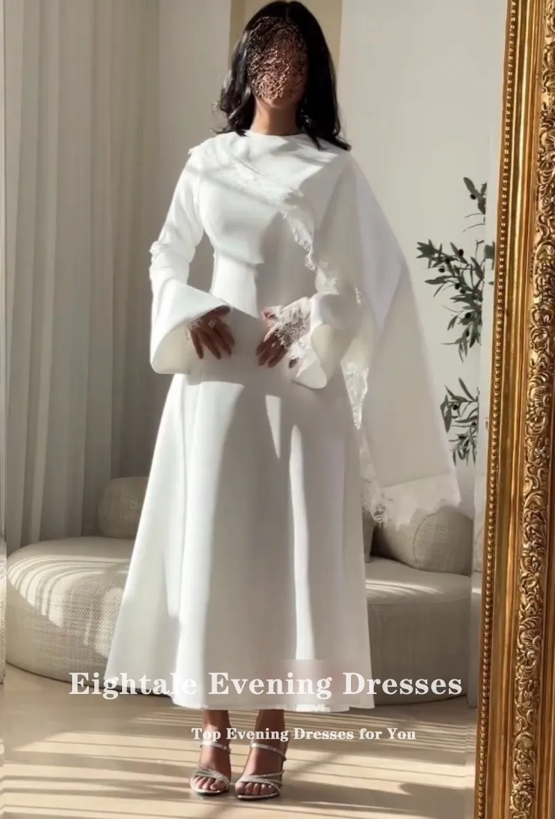 Eightale Arabic Wedding Dress O-Neck Lace Customized Ivory Long Sleeve Floor Length Muslim A-Line Bridal Gown Bride Party Dress
