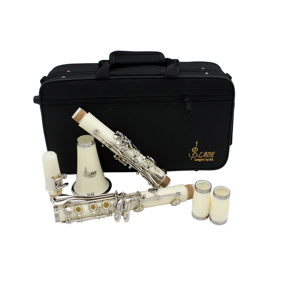 Clarinetto in Sib con 17 tasti in nichel, clarinetto bianco per principianti, fornito con 2 botti di pistola, guscio rigido e kit di pulizia per clarinetto