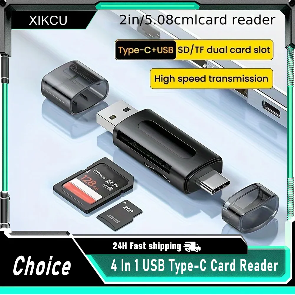 

4 In 1 Multifunction USB Type-C Card Reader External Storage Black Stretch for Memory Stick USB 2.0 Mini SD TF Card Reader