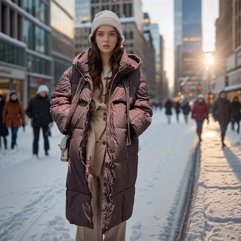 Winter 2024 Dons Katoenen Jas Vrouwen Met Puffer Gewatteerd Jack Stijlvolle Midi Lengte Lange Mouwen Effen Kleur Thermische Jas Met Capuchon