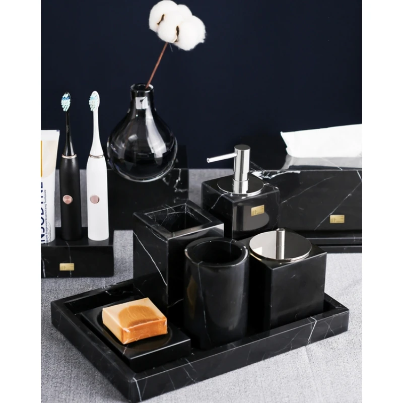 Factory Hot Sale Luxury Marble Accessories Fine polished Easy to clean Black Six-piece Bathroom Set