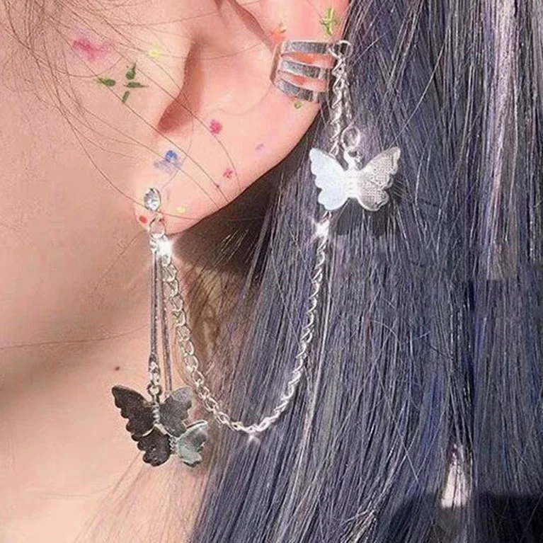 Geometric Butterfly Ear Cuffs Korean Earrings for Teens Women punk Tassel Chain Ear Clips Wedding Party Fashion Jewelry Gift