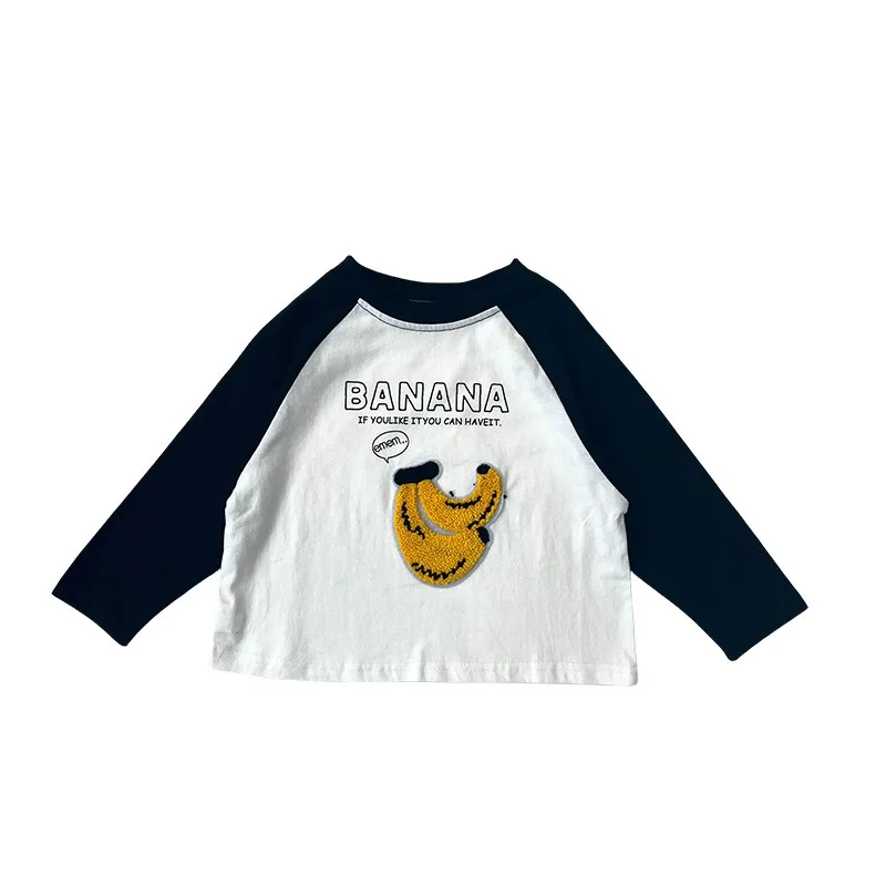 2025 Spring Autumn boys and girls fruit embroidery T shirts unisex children contrast color long sleeve Tops