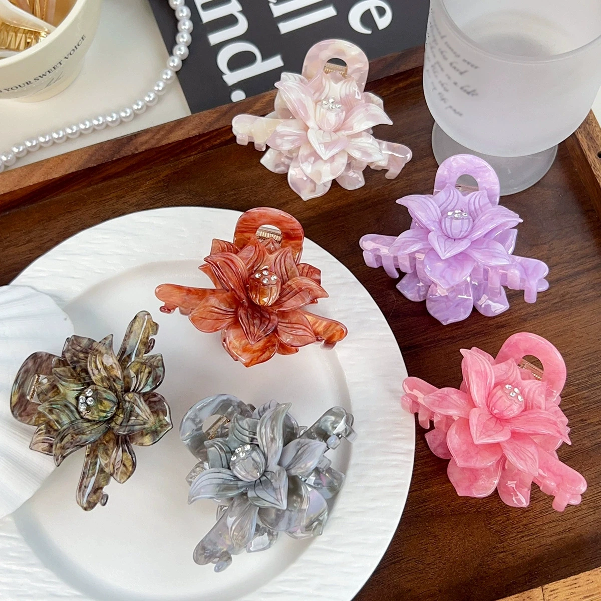 Light Luxury Lotus Acetic Acid Hair Claw Hair Clip Non-slip Large Shark Claw Hair Accessories