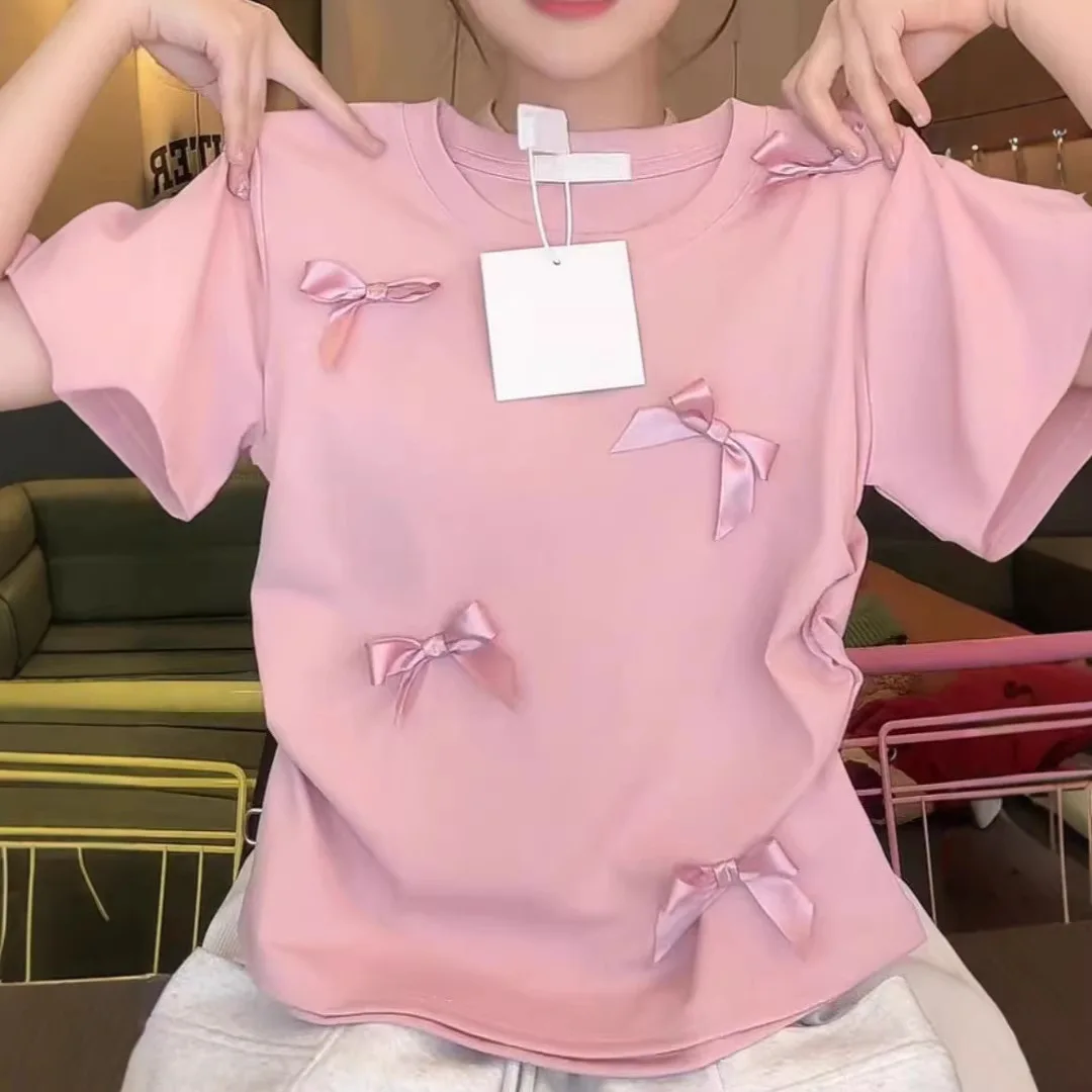 

Japanese Bow Pink Short-sleeved T-shirt Sweet and Spicy Summer Slim Cropped Top