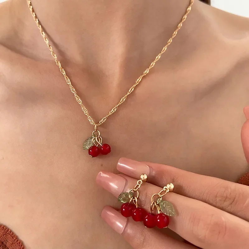 Exquisito conjunto de collar y pendientes rojo cereza para mujer, accesorio diario personalizado a la moda, joyería de fiesta, regalos de cumpleaños