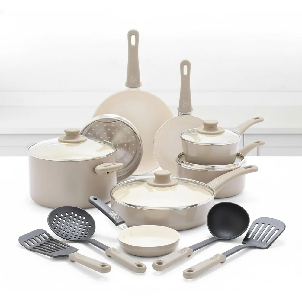 

16-Piece Ceramic Nonstick Cookware Set, PFAS-Free Dishwasher Safe Pots Pans with Glass Lids, Perfect for Family Cooking