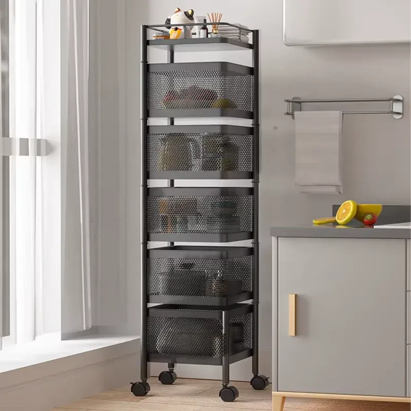 Rotating Kitchen Storage Shelf 2 3 4 5 Layers Square Utility Trolley with Wheels Mobile Organizer Rack for Home Pantry