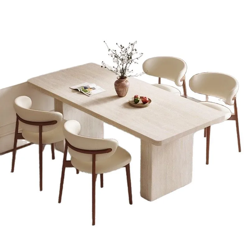 

French retro travertine rock slab dining table and chair dining table combination rectangular modern home medieval small apartme