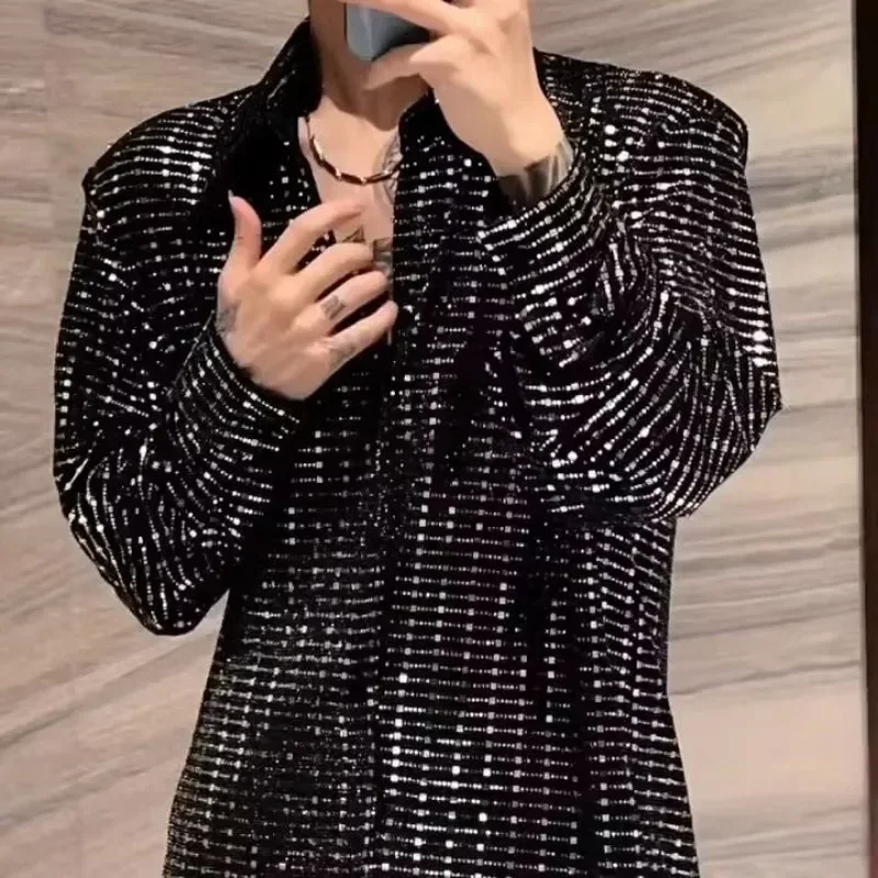 

Nightclub Shirt Men's Long-sleeved Summer New Fashion Loose Turn Down Collar Single Breasted Sequin Casual Shirts