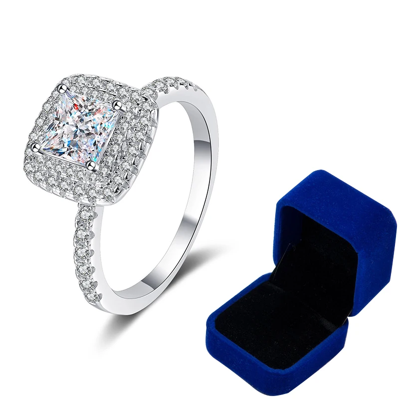 Center 1ct Princess Cut Moissanite Halo Engagement Ring Sterling Silver Promise Eternity Band Cocktail Ring for Women Girls Gift