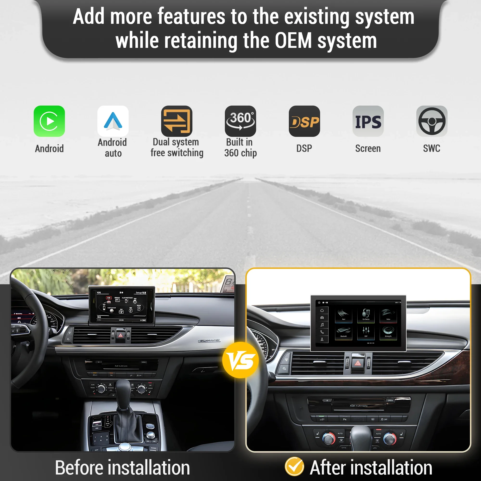 9 inch Android 14 For Audi A6 C7 A7 2012-2018 Wireless Bluetooth Carplay Head Unit Qualcomm Snapdragon 680 Screen Stereo System
