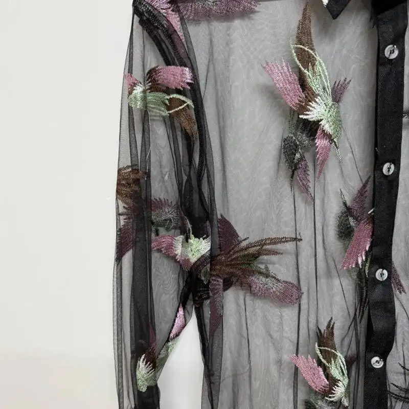 WVGA Summer New Man Tide Embroidery Sheer Mesh Layered Original Design Trendy Long Sleeve Shirt Niche Chic Casual Top Ins W10009