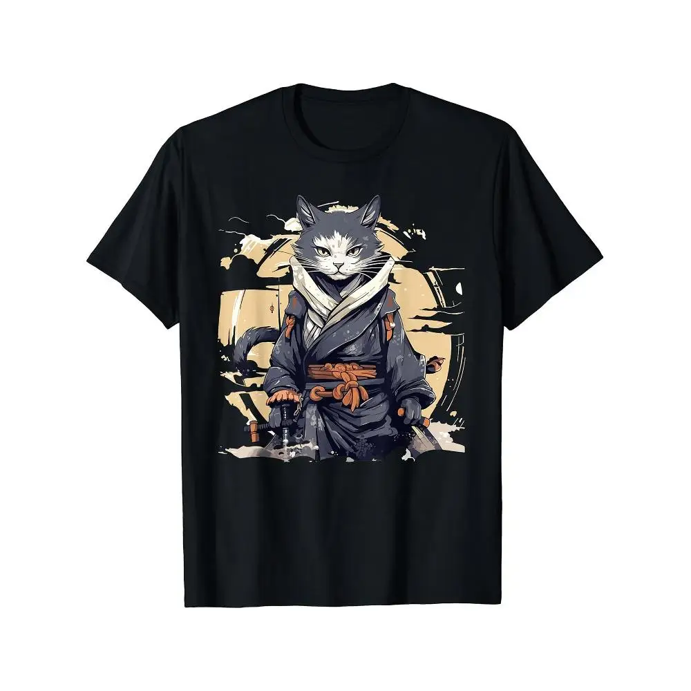 Mens Samurai Cat Japanese Style Anime Manga T-Shirt Unisex S-3XL Black Cotton Round Neck Short Sleeve Tee Japanese Text Manga