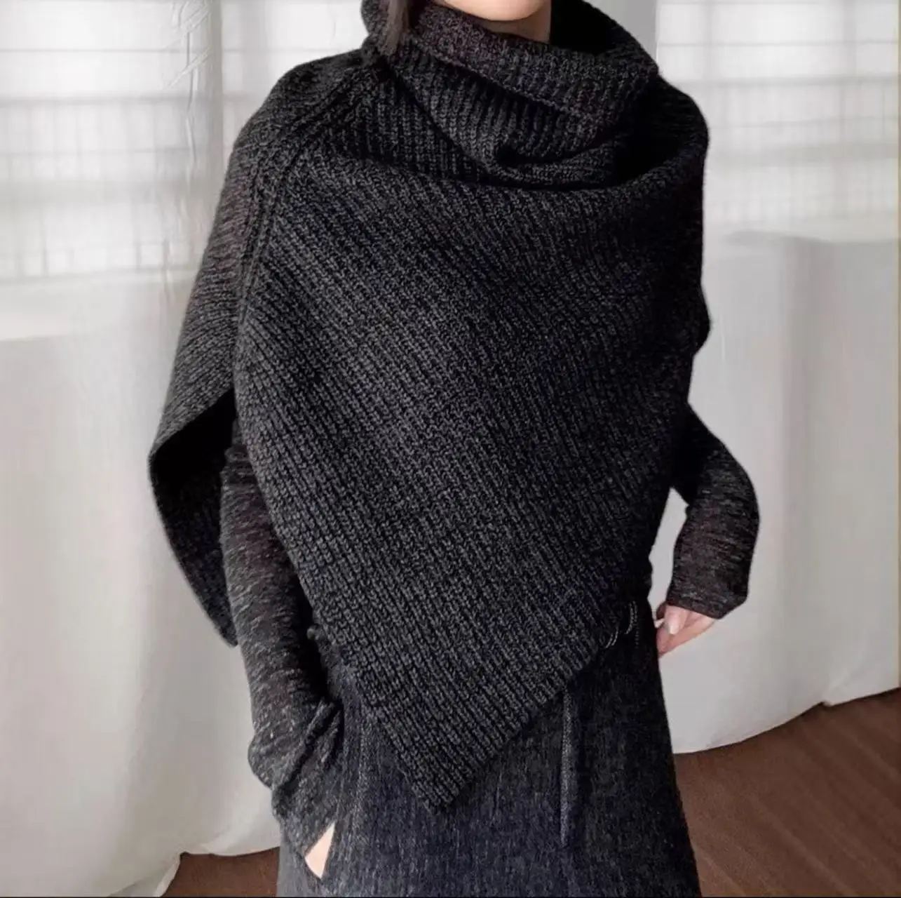 Women Turtleneck Knit Shawl, Elegant Winter Layering Split Pullover Neck Warmer, Multi-use Poncho Knitted Cape for Autumn Winter