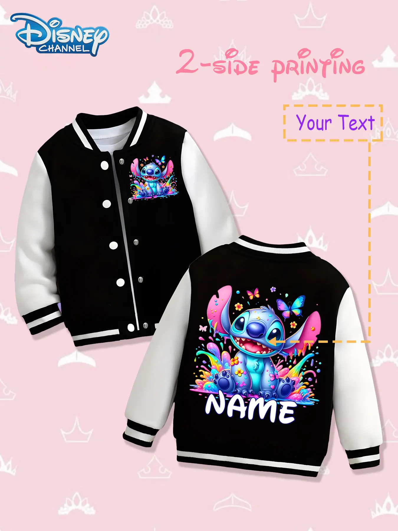 

MINISO Disney Stitch Colorful Children's Baseball Jacket - Stitch's colorful ink-splashed design is displayed on both sides. It